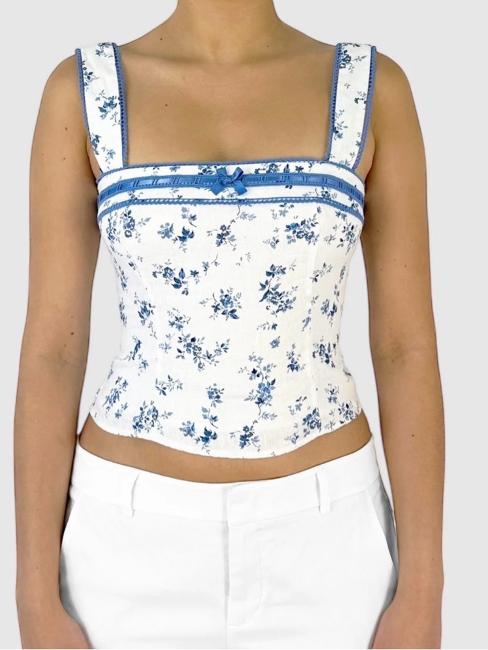 Reformation Blue Floral 100% Linen Corset Bustier Top Size 0 Cottagecore